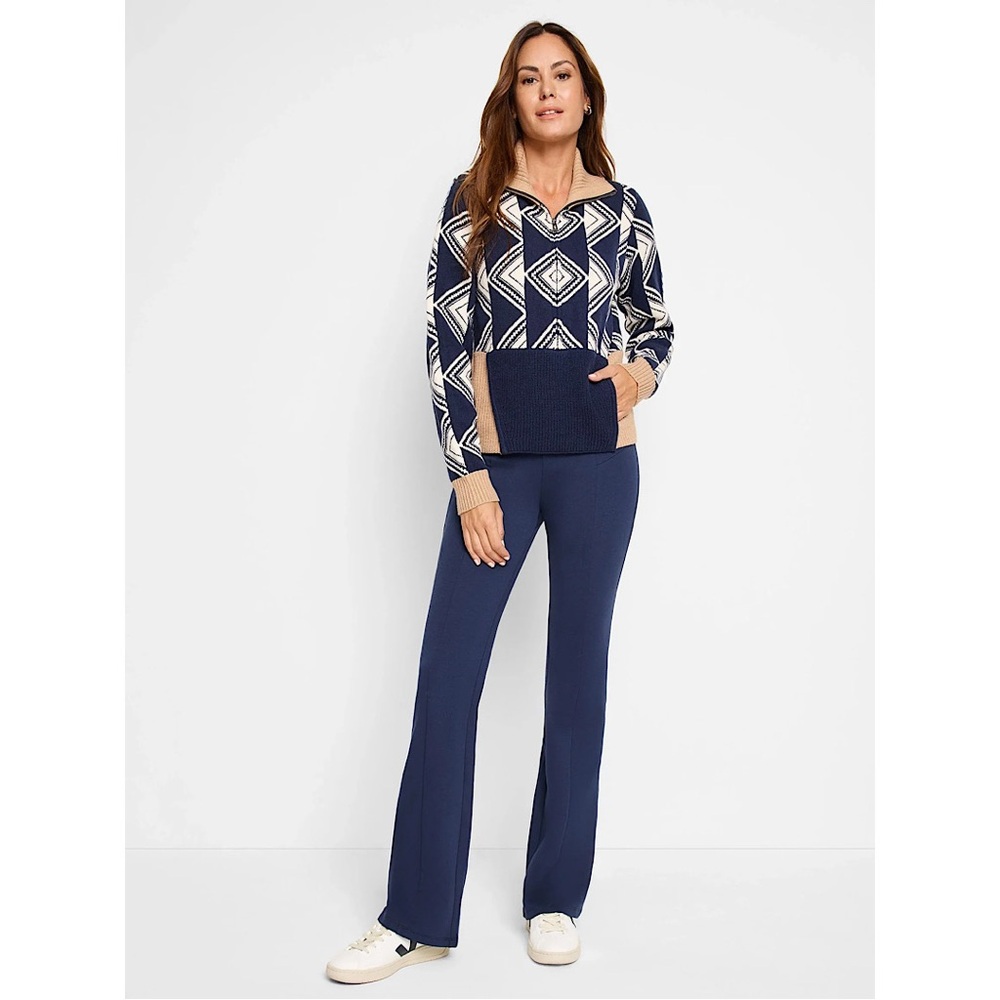 Nic + Zoe‎ DOUBLE DIAMOND HALF ZIP SWEATER Indigo Blue Tan SMALL